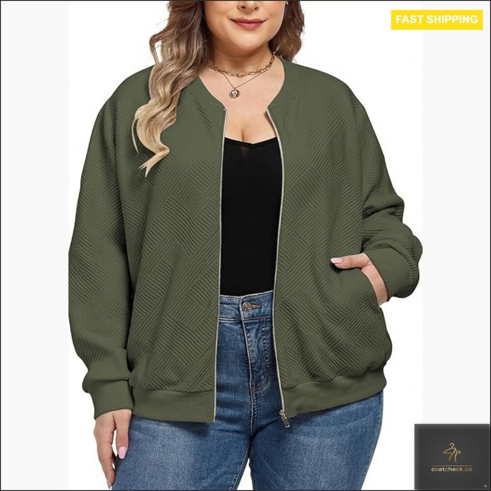Plus Size Lightweight Bomber Jacket Full Zip Long… - image 1